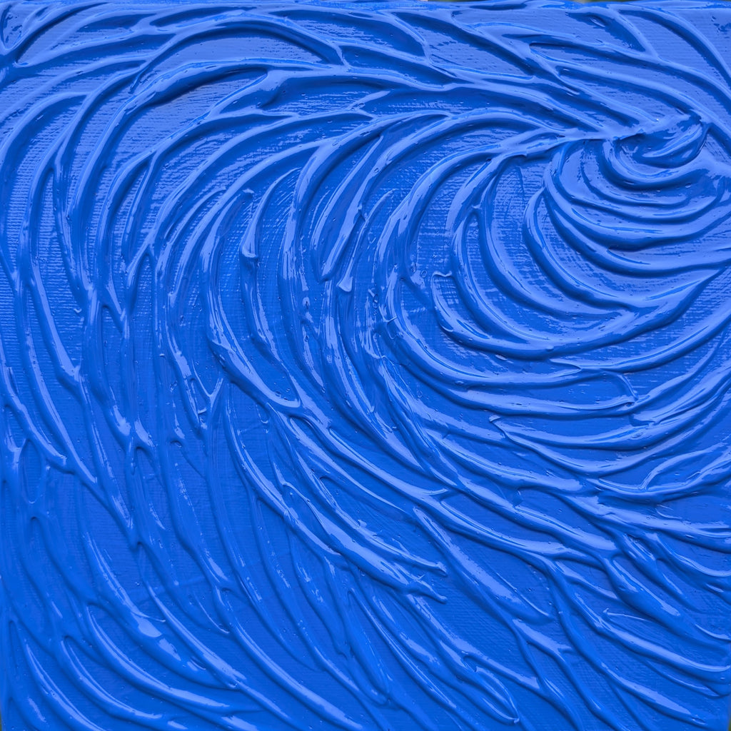A close-up of a bright blue textured surface with thick, swirling impasto paint strokes.
