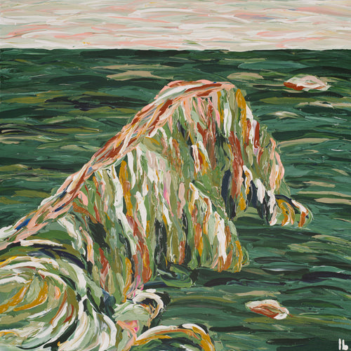An impressionistic painting of a rocky shoreline with green water, a pale pink sky, and layered brushstrokes in beige, white, orange, and green. Art by Australian Tasmanian abstract artist Lucy Bauld. 