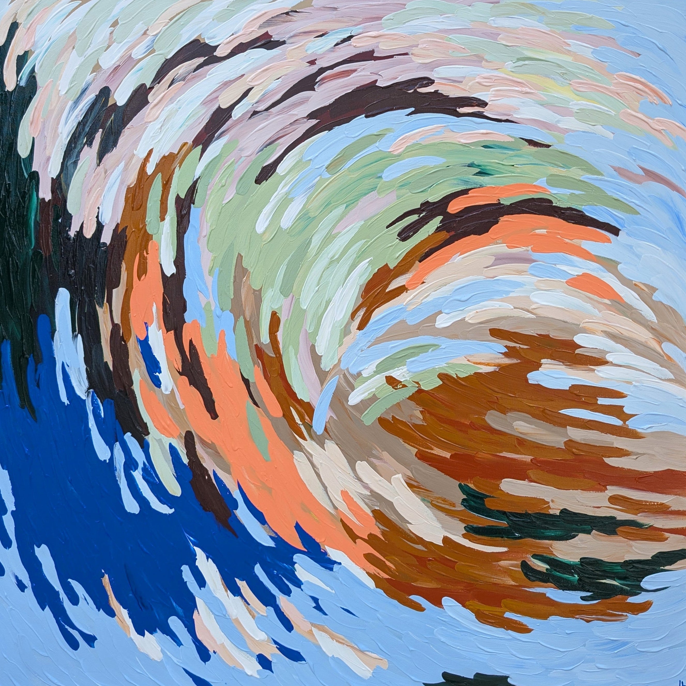 Colorful abstract painting of a wave with swirling patterns.
