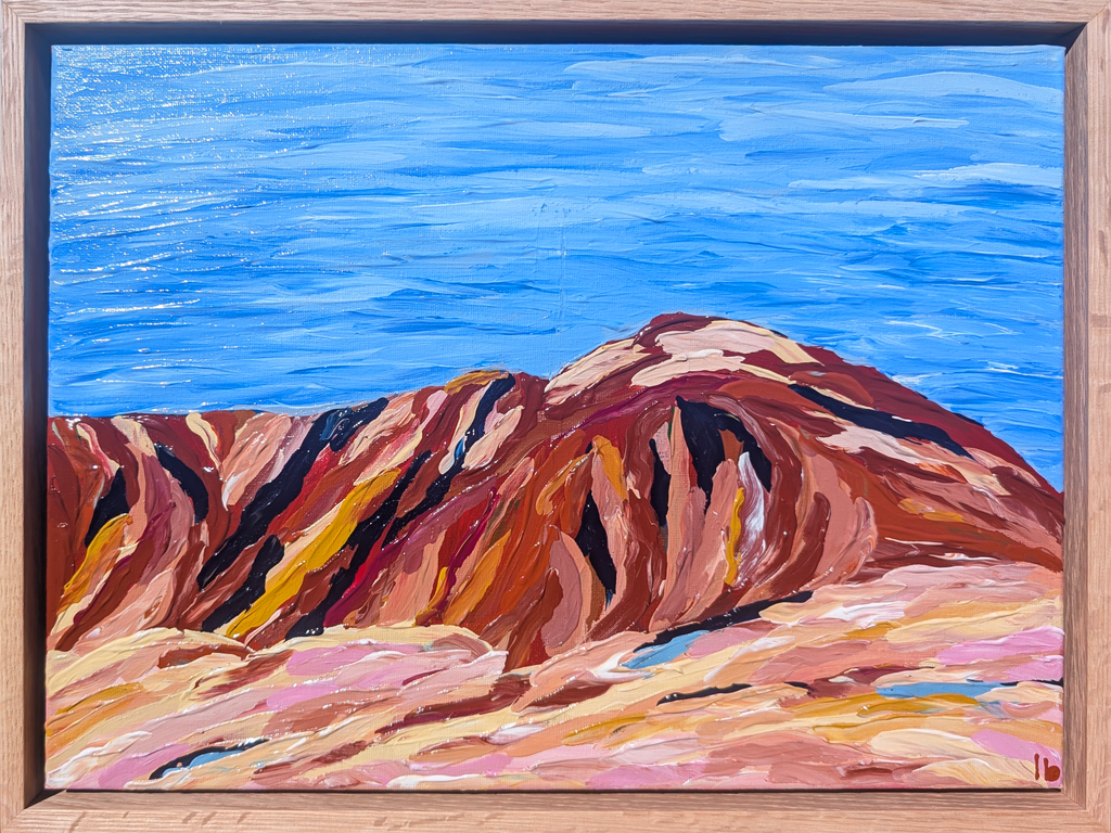 Abstract painting of the Tasmanian mountain kunanyi / Mt Wellington with blue sky and bold colours for the cliff face. Perfect textured statement original artwork 