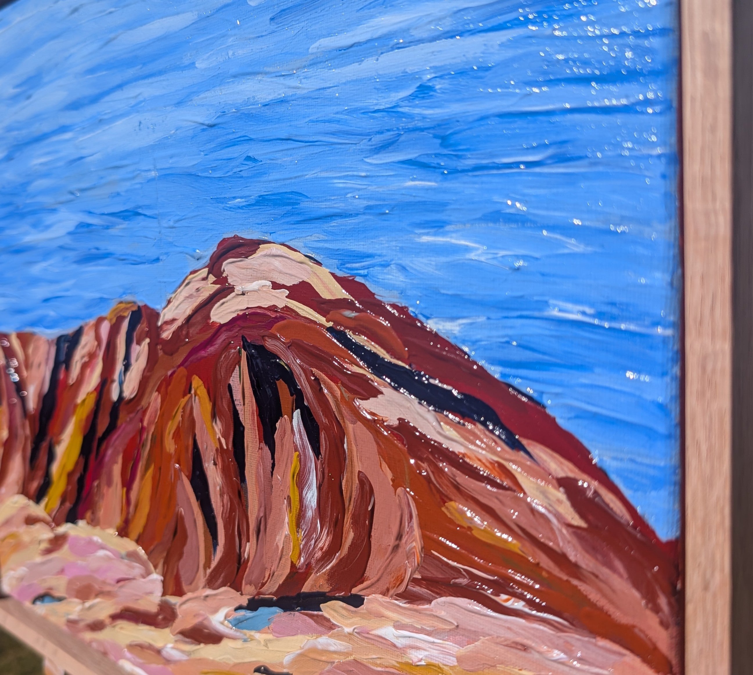 Abstract painting of the Tasmanian mountain kunanyi / Mt Wellington with blue sky and bold colours for the cliff face. Perfect textured statement original artwork 