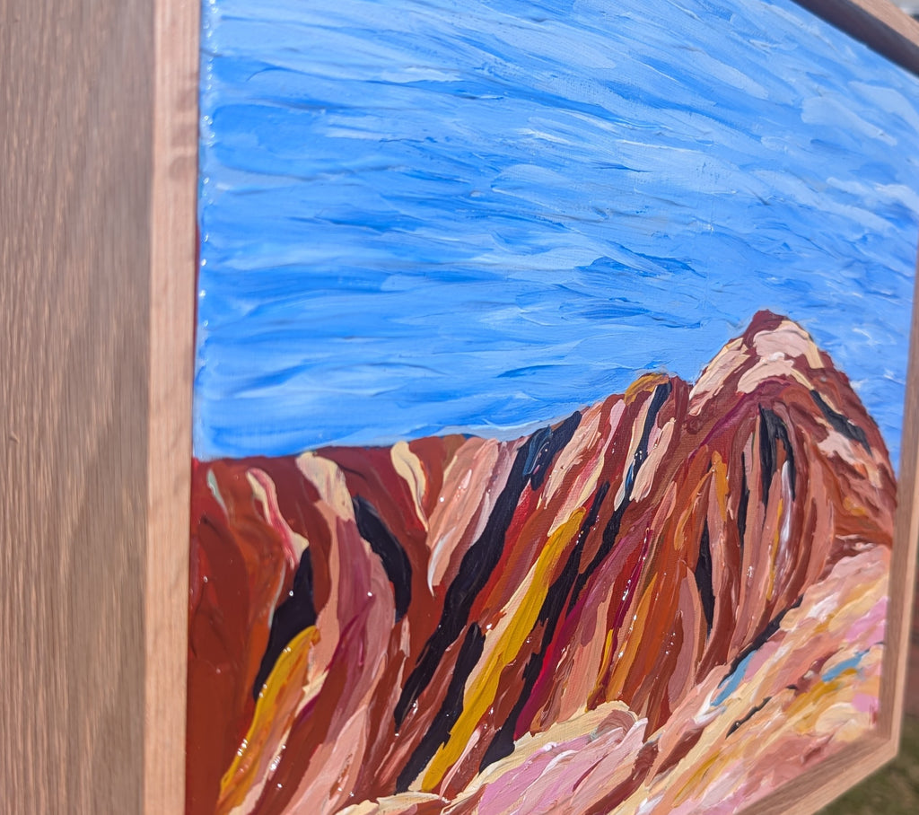 Abstract painting of the Tasmanian mountain kunanyi / Mt Wellington with blue sky and bold colours for the cliff face. Perfect textured statement original artwork 