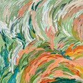 An abstract expressionist painting featuring thick, textured impasto brushstrokes in shades of green, teal, peach, orange, cream, and white, enclosed in a light wood frame.
