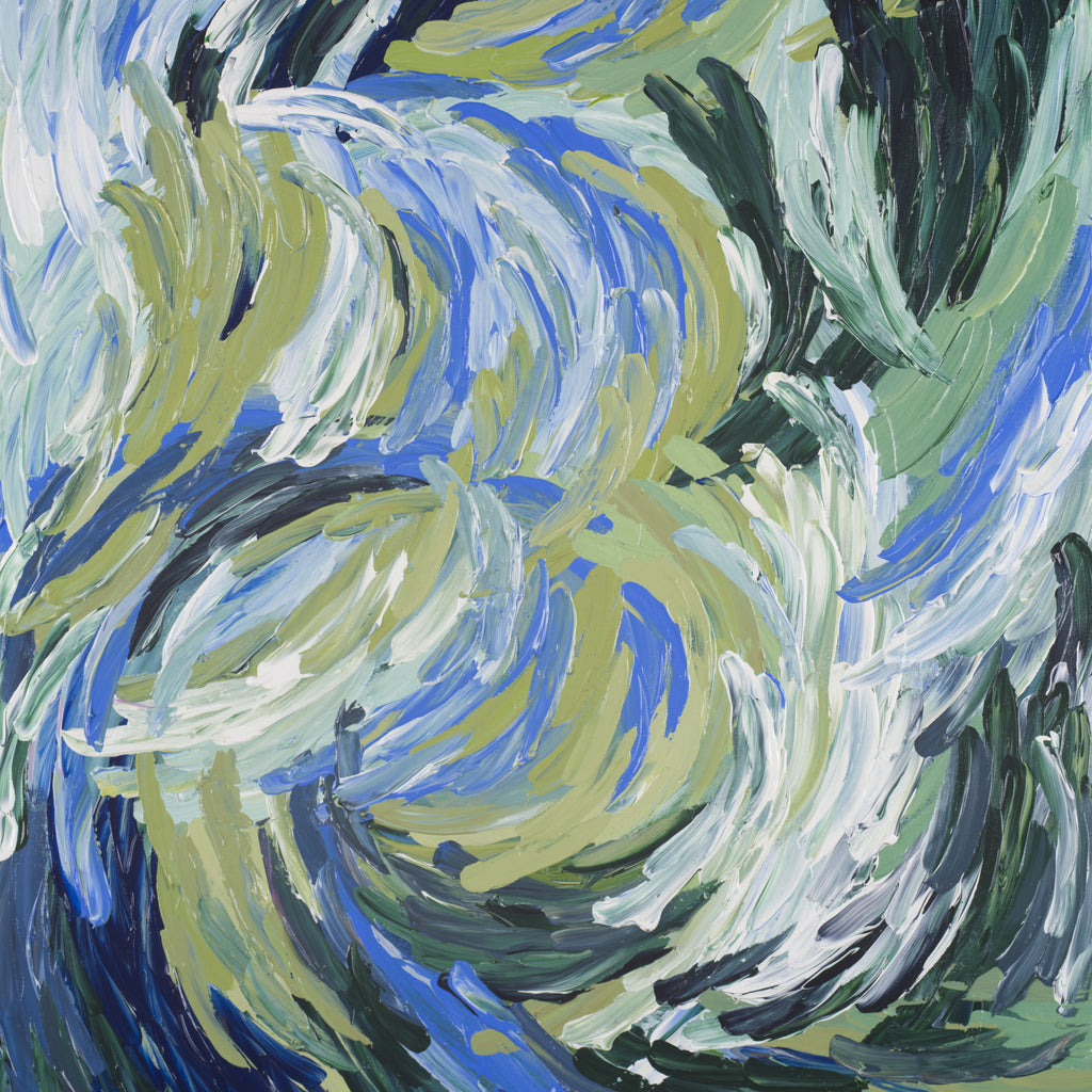 An abstract impressionist limited edition print by Australian Abstract Artist Lucy Bauld featuring dynamic, swirling brushstrokes in shades of blue, olive green, white, and dark charcoal gray.