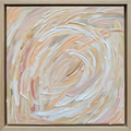 Textured abstract painting with swirling brushstrokes in beige, brown, and white on an oak wooden frame. Influenced my the Tasmanian landscape and the snowstorms on the overland track. 
