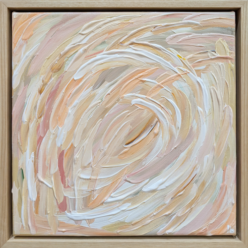 Textured abstract painting with swirling brushstrokes in beige, brown, and white on an oak wooden frame. Influenced my the Tasmanian landscape and the snowstorms on the overland track. 