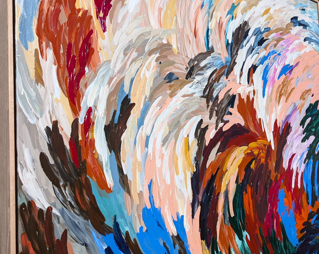 Bold statement texture abstract painting  with oak frame and with energetic but calm colors of red, blue, neutral earthy tones in an oak frame