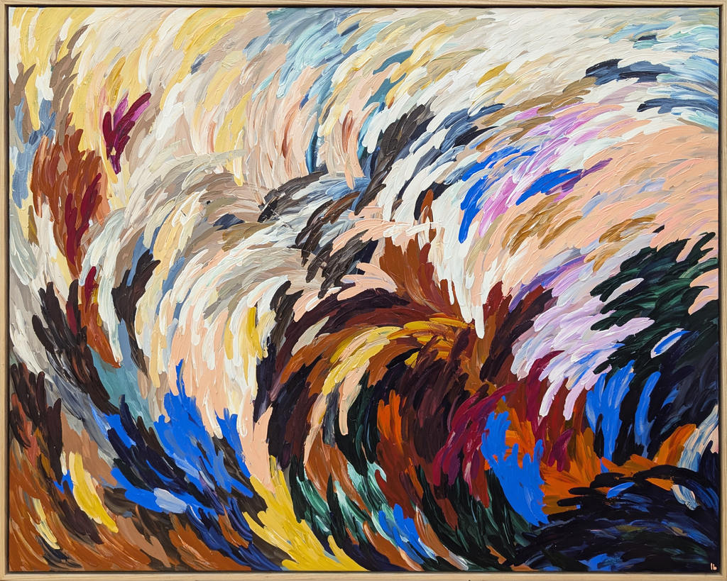 Bold statement texture abstract painting with energetic but calm colors of red, blue, neutral earthy tones in an oak frame