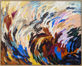Bold statement texture abstract painting with energetic but calm colors of red, blue, neutral earthy tones in an oak frame