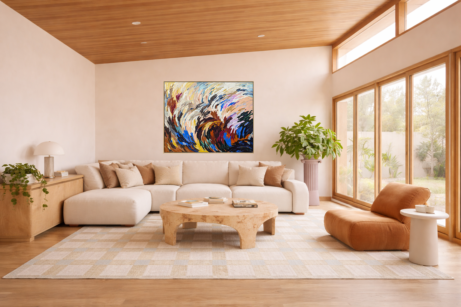 Bold statement texture abstract painting  perfect for a modern living room with energetic but calm colors of red, blue, neutral earthy tones in an oak frame