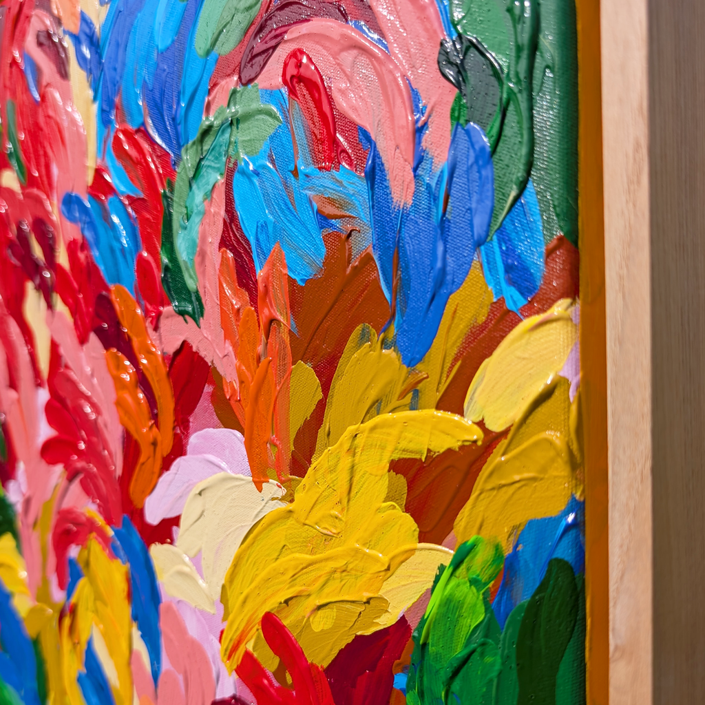Close up details of colorful vibrant textured abstract painting statement artwork with a wooden frame by Tasmanian Artist Lucy Bauld