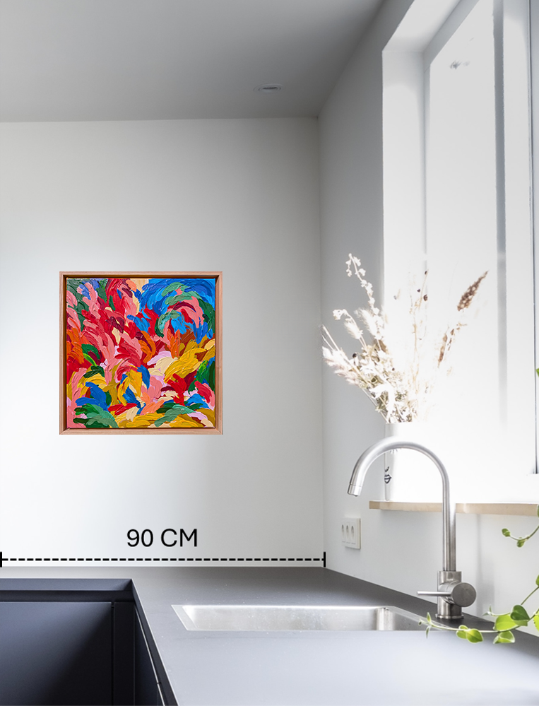 Colorful vibrant textured abstract painting statement artwork with a wooden frame by Tasmanian Artist Lucy Bauld for kitchen