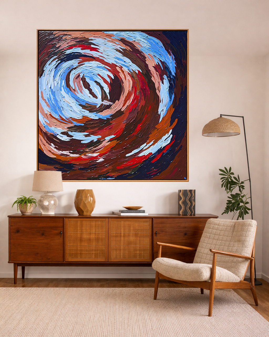 Living room with a wooden sideboard, chair, and abstract painting on the wall.